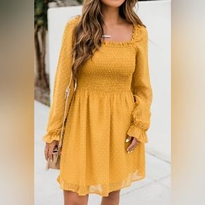 Up Till Dawn Swiss Dot Mustard Dress - Medium